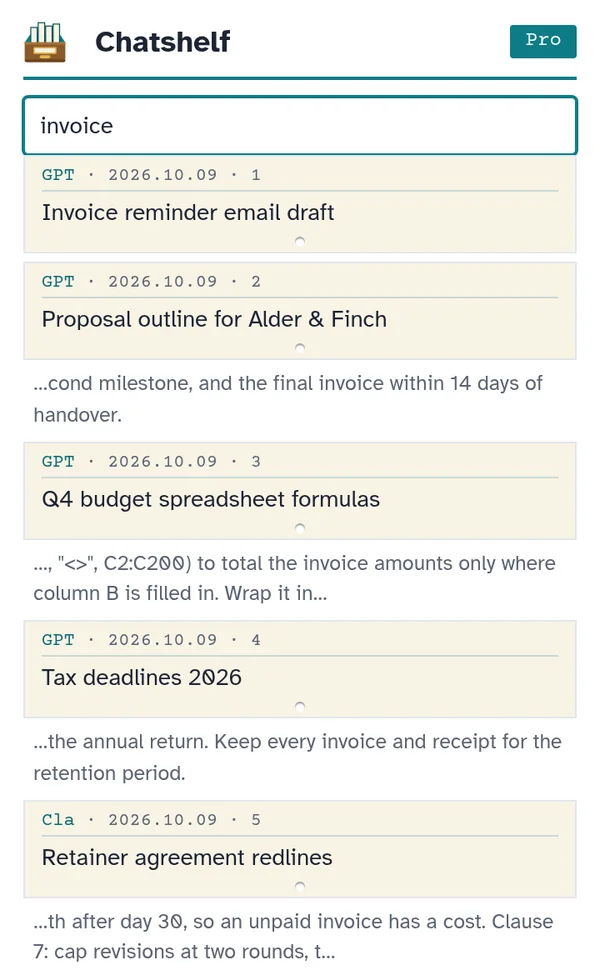 The Chatshelf popup searching for invoice: five matching chats on catalogue cards, four from ChatGPT and one from Claude, most with a snippet of the text around the match.