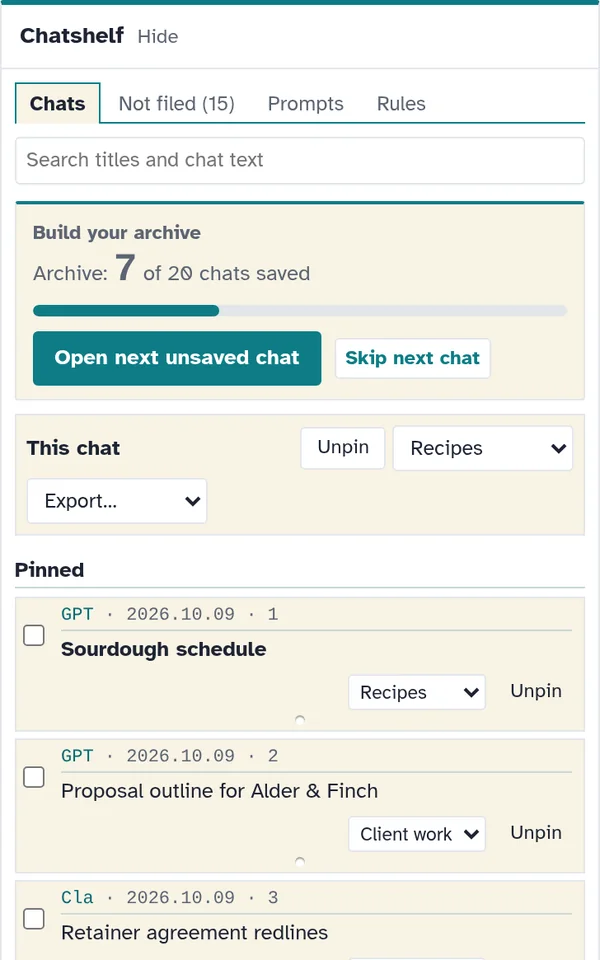 The Chatshelf section above a chat list: tabs for Chats, Not filed (15), Prompts and Rules, a search box, an archive card reading 7 of 20 chats saved, the This chat bar, and pinned chats on catalogue cards with a call number each.